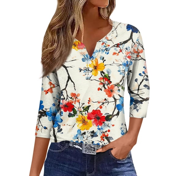 NAMTYQX Summer Blouses for Women 2025 Loose Fitting Soft 3/4 Sleeve Button V Neck Comfort Casual Plus Size Trending Beige Size XL