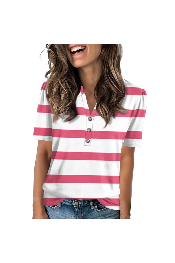 Summer Blouses for Women 2025 Patterned Short Sleeve Fashion Short Sleeve Blouses for Women Hot Pink Size S