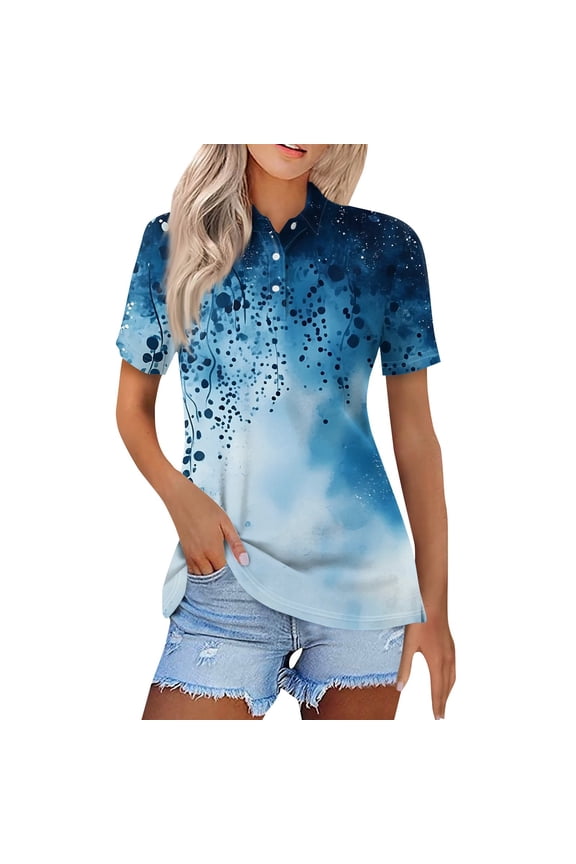 Summer Blouses for Women 2025 Short Sleeve Lapel Button V Neck Plus Size Comfort Loose Fit Fashion Casual Soft Dark Blue Size S