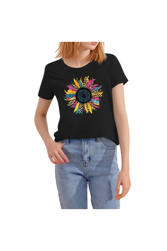 Summer Blouses for Women 2025 Short Sleeve Plus Size Light Scoop Neck Cool Muster Loose Trendy Pattern Ladies Tops and Blouses Black Size S