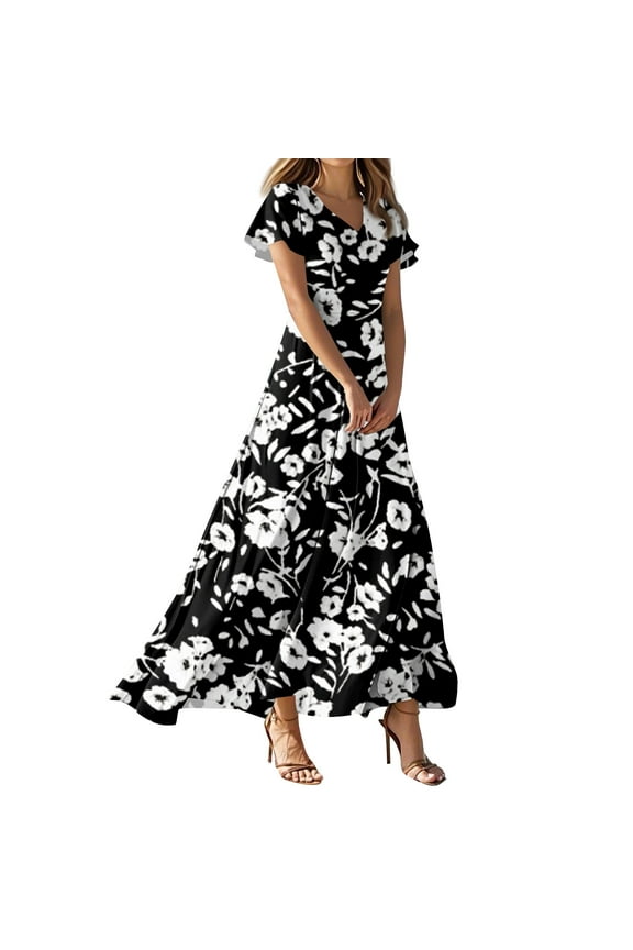 Summer Dresses for Women 2025 Trendy High Waist Boho Maxi Dress V Neck Maxi Dresses for Women 2025 Black Size M
