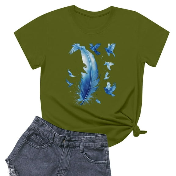 NAMTYQX Summer Shirts for Women 2025 Graphic Hip Crewneck Stretch Cool Grafisches Short Sleeve Plus Size Relaxed Fit Floral Tops for Women Army Green Size L