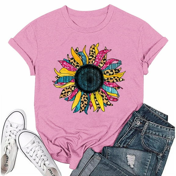 NAMTYQX Summer Shirts for Women 2025 Plus Size Patterned Airoft Casual Fullprint Baggy Light Short Sleeve Round Neck Floral Tops for Women Pink Size 2XL