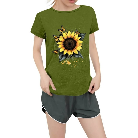 NAMTYQX Summer Shirts for Women Hawaiian Short Sleeve Graphic Light Round Neck Print Plus Size Loose Airoft Womens Tops Dressy Casual Army Green Size S