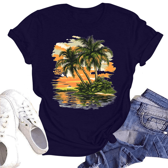 NAMTYQX Summer Shirts for Women Hawaiian Stretch Boyfriend Oversized Short Sleeve Grafisches Crewneck Soft Patterned Tshirts Shirts for Women Navy Size L