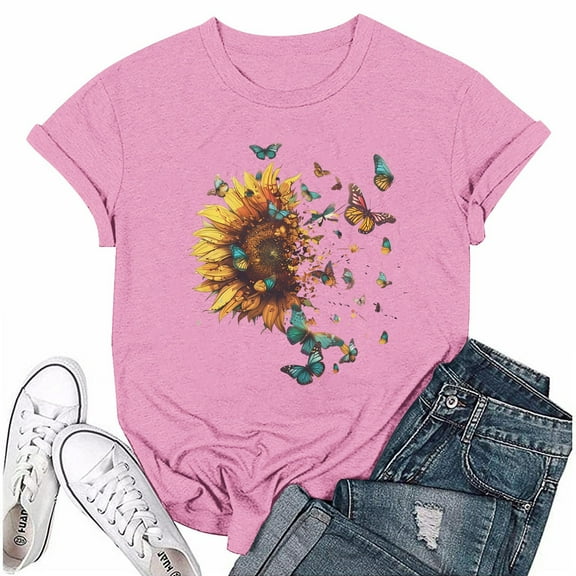 NAMTYQX Summer Shirts for Women Print Crew Neck Lightweight Plus Size Fashion Cool Short Sleeve Muster Loose Summer Blouses for Women 2025 Yellow Size S