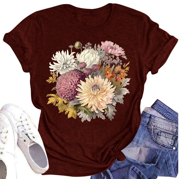 NAMTYQX Summer Shirts for Women 2025 Cool Short Sleeve Gemusterte Boxy Fit Oversized Basic Light Crewneck Patterned Womens Tops Wine Size 2XL