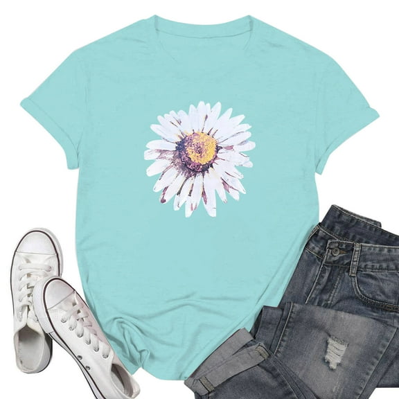 NAMTYQX Summer Shirts for Women Graphic Cool Plus Size Fullprint Round Neck Light Short Sleeve Simple Looses Women's Summer Tops Light Blue Size M