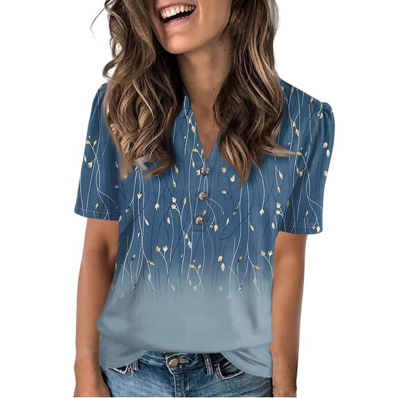 NAMTYQX Summer Shirts for Women Relaxed Fit Short Sleeve Plus Size Casual Soft Button V Neck Trending Comfort Blue Size S