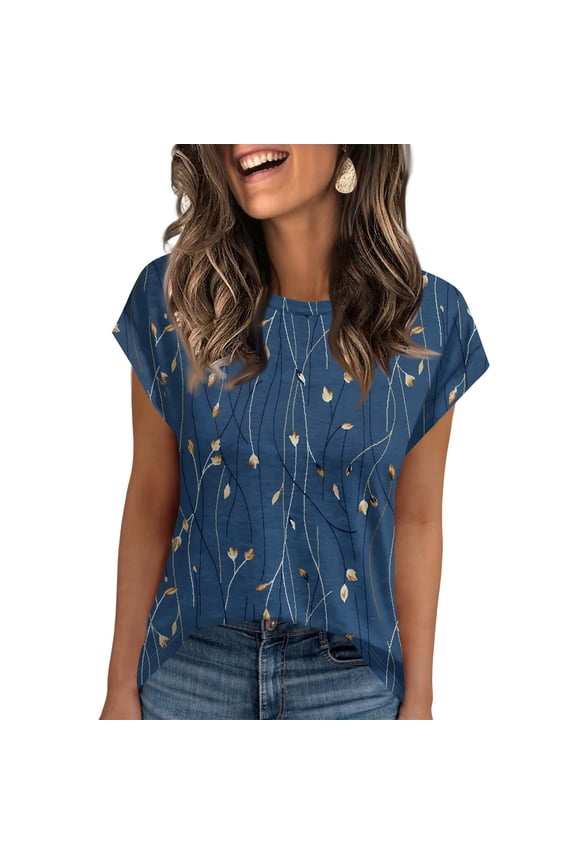 Summer Shirts for Women Scoop Neck Simple Tee Shirts Womens Pattern Stretch Womens Short Sleeve Tops Royal Blue Size XL