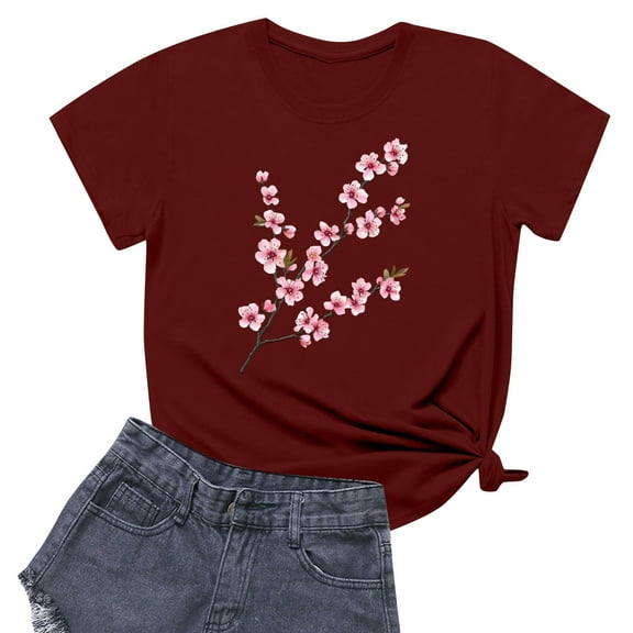 NAMTYQX Summer Tops Cool Cute Printed Short Sleeve Mit Print Light Crewneck Relaxed Fit Oversized Tops for Women Trendy Summer Wine Size S