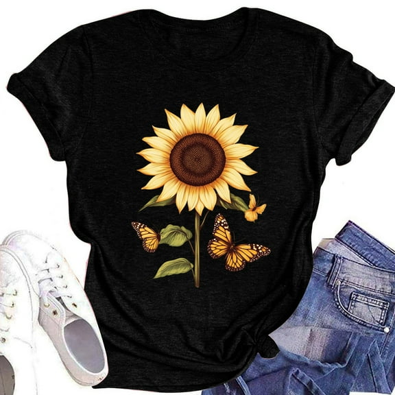 NAMTYQX Summer Tops Crew-Neck Cute Short Sleeve Soft Loose Fitting Oversized Bedrucktes Patterned Stretch Blouses for Women Casual Black Size XL