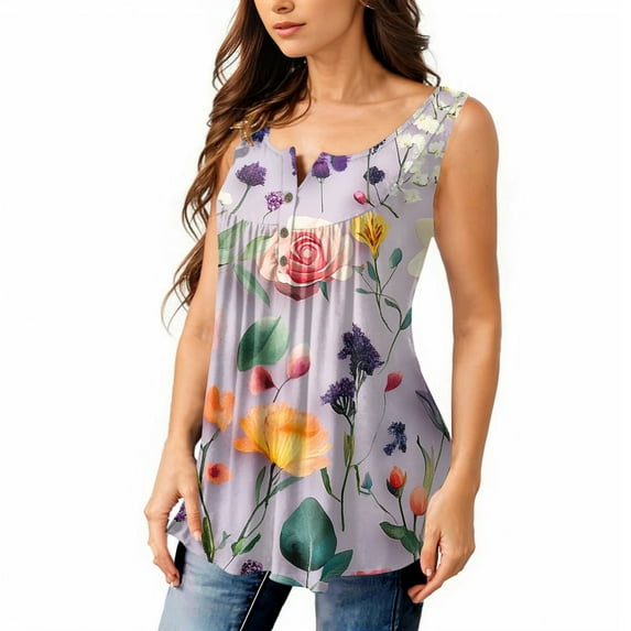 NAMTYQX Summer Tops for Teens Pattern Trendy Plus Size Pleated Button V Neck Sleeveless Casual Womens Tops Dressy Casual Purple Size 3XL