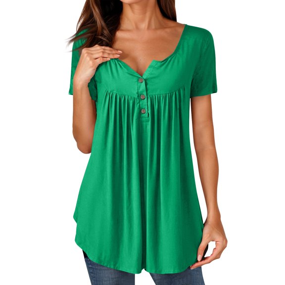 NAMTYQX Summer Tops for Women 2025 Button Deep V Neck Plus Size Loose Fitting Patterned Ruched Fashion Casual Short Sleeve Green Size M