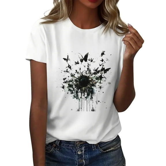 NAMTYQX Summer Tops for Women 2025 Casual Boxy Fit Short Sleeve Pattern Plus Size Crewneck Stretch Cool Simple Navy Size 5XL