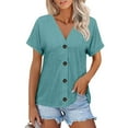 thumbnail image 1 of NAMTYQX Summer Tops for Women 2025 Casual Soft Loose Plus Size V Neck Stylish Open Front Solid Color Light Short Sleeve Army Green Size 3XL, 1 of 5