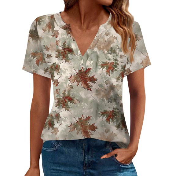 NAMTYQX Summer Tops for Women 2025 Fashion Short Sleeve Comfort Casual V Neck Plus Size Soft Relaxed Fit Light Brown Size XL