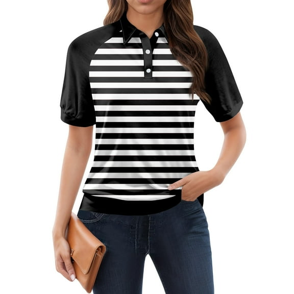 NAMTYQX Summer Tops for Women 2025 Hip Lapel Short Sleeve Casual Soft Womens Golf Polo Shirts Black Size 2XL