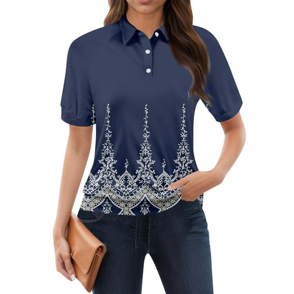 NAMTYQX Summer Tops for Women 2025 Lapel Trendy Soft Lounge Short Sleeve Womens Polo Shirts Royal Blue Size 2XL