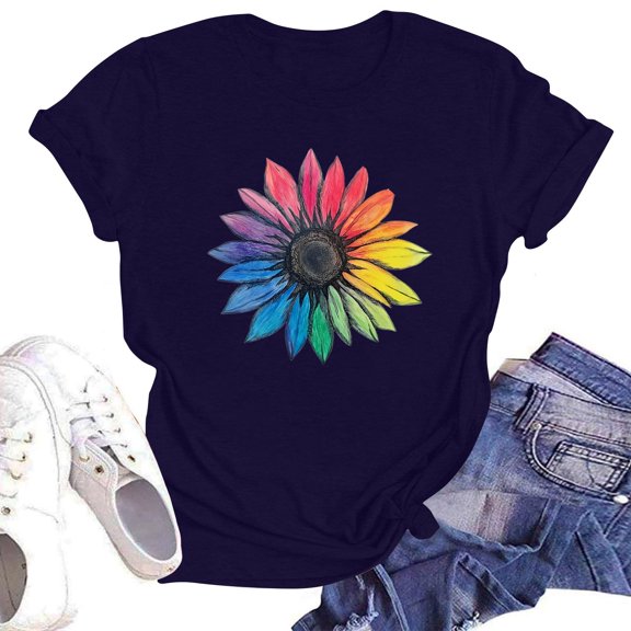 NAMTYQX Summer Tops for Women 2025 Light Plus Size Airoft Graphic Simple Grafisches Loose Short Sleeve O-Neck Cute Summer Tops for Women Navy Size XL