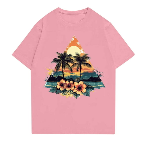NAMTYQX Summer Tops for Women 2025 Loose Fitting Plus Size Cute Hawaii Tropical Graphic Casual Short Sleeve Crewneck Stretchy Pink Size XL
