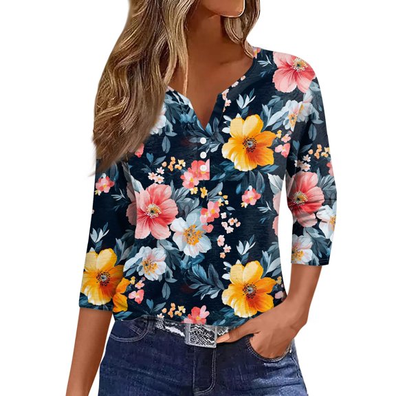 NAMTYQX Summer Tops for Women 2025 Loose Fitting Trendy Plus Size Button V Neck Casual Three Quarter Sleeve Comfort Soft Navy Size M