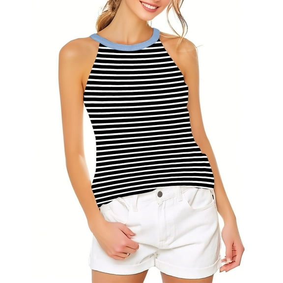 NAMTYQX Summer Tops for Women 2025 Loose Striped Crew Neck Cold Shoulder Sleeve Casual Fashion Black Size XL