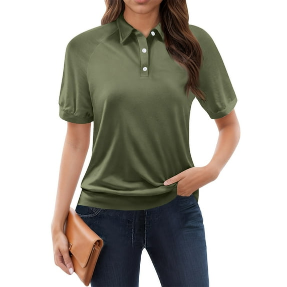 NAMTYQX Summer Tops for Women 2025 Lounges Casual Lapel Short Sleeve Soft Womens Polo Shirts Army Green Size 3XL