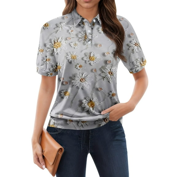 NAMTYQX Summer Tops for Women 2025 Lounges Fashion Womens Golf Shirts Short Sleeve Lapel Soft Gray Size 3XL