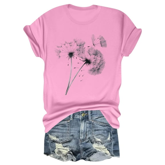 NAMTYQX Summer Tops for Women 2025 Oversized Light Fullprint Soft Graphic Loose Short Sleeve Crewneck Cute Short Sleeve Tops for Women Pink Size L
