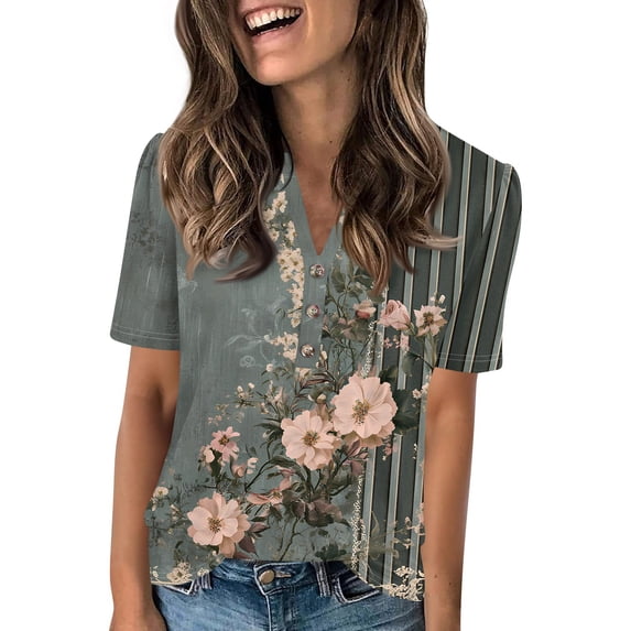 NAMTYQX Summer Tops for Women 2025 Short Sleeve Hip Patterned Short Sleeve Blouses for Women Navy Size M