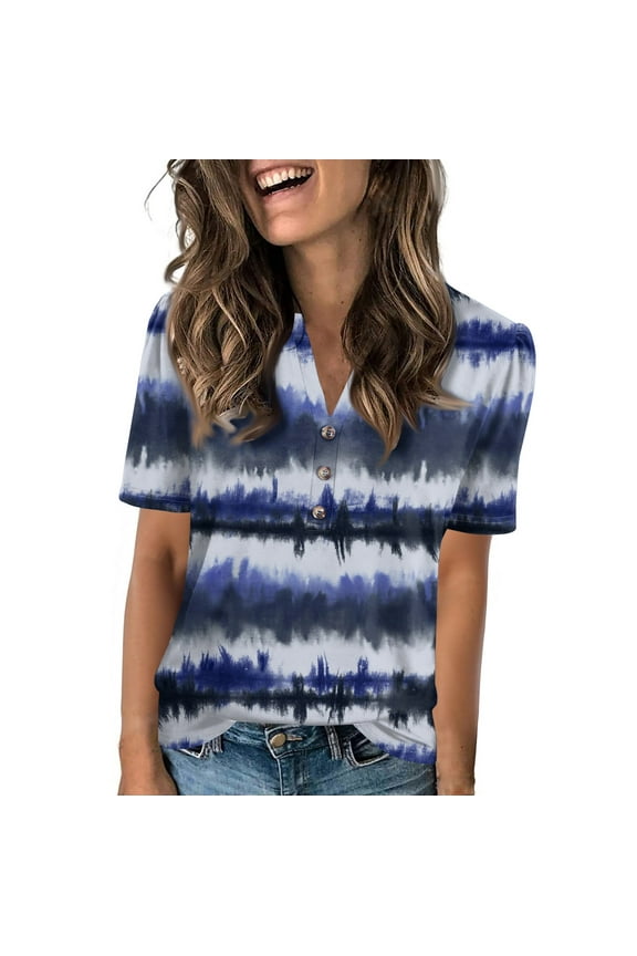 Summer Tops for Women 2025 Short Sleeve Patterned Blouses for Women Lightweight Basic Tees for Women Blue Size M
