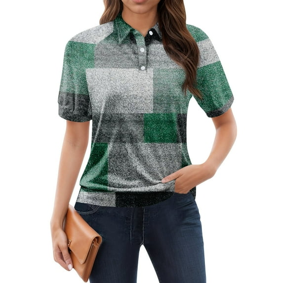 NAMTYQX Summer Tops for Women 2025 Short Sleeve Soft Trending Womens Polo Shirts Lapel V Neck Lounges Green Size 3XL