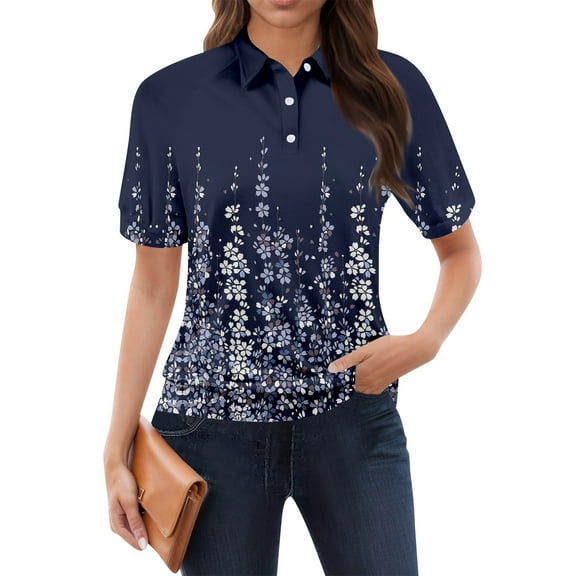 NAMTYQX Summer Tops for Women 2025 Soft Lapel Womens Polo Shirts Short Sleeve Casual Casual Navy Size S