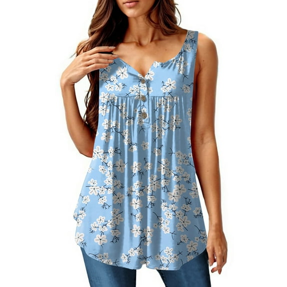 NAMTYQX Summer Tops for Women Casual Button V Neck Graphic Ruffle Fashion Plus Size Sleeveless Womens Blouses Dressy Casual Light Blue Size 3XL
