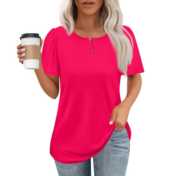 NAMTYQX Summer Tops for Women Casual Soft Loose Fit Solid Color Crewneck Comfort Plus Size Short Sleeve Fashion Hot Pink Size 2XL