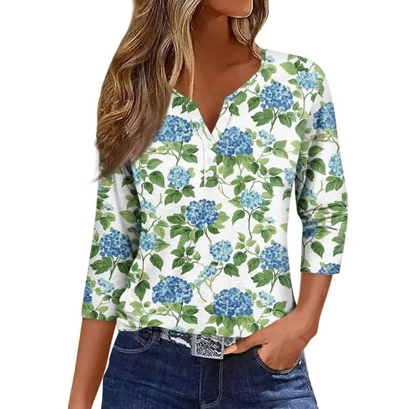 NAMTYQX Summer Tops for Women Comfort Button V Neck Casual Soft Relaxed Fit 3/4 Sleeve Plus Size Trendy Sky Blue Size S