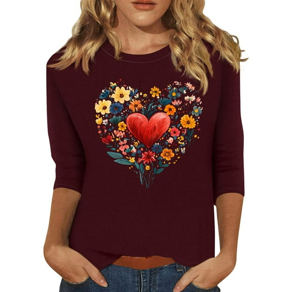 NAMTYQX Summer Tops for Women Lightweight Breathable Patterned Crew Neck 3/4 Sleeve Tops for Women Wine Size XL