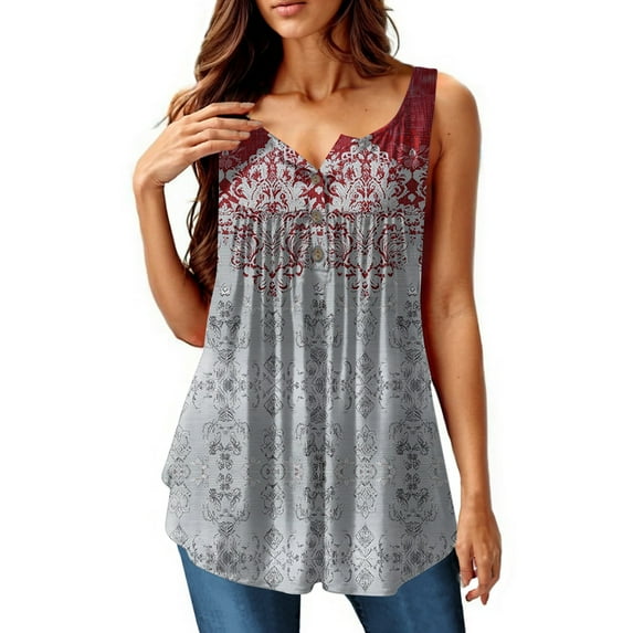 NAMTYQX Summer Tops for Women Patterned Casual Plus Size Loose Fit Sleeveless Trendy Button V Neck Graphic Tees for Women Gray Size 5XL