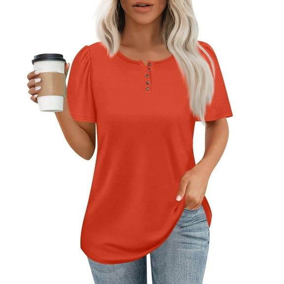 NAMTYQX Summer Tops for Women Short Sleeve Solid Color Comfort Casual Plus Size Fashion Baggy Crew-Neck Soft Vermilion Size 2XL