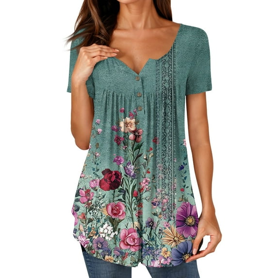 NAMTYQX Summer Tops for Women Trendy Short Sleeve Button V Neck Plus Size Casual Graphic Ruched Loose Fit Army Green Size L