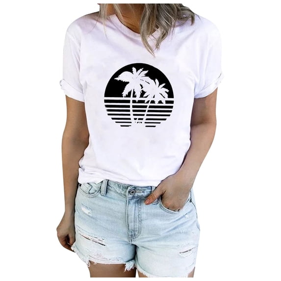 NAMTYQX Summer Tops mit Print Plus Size Short Sleeve Airoft Crewneck Loose Lightweight Graphic Hawaiian Short Sleeve Blouses for Women White Size XL