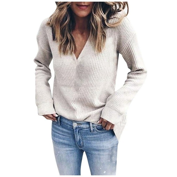 NAMTYQX Sweaters for Women Casual Coloured Knitted Long Sleeve Womens Pullover Sweaters Warm V Neck Loose White Size M