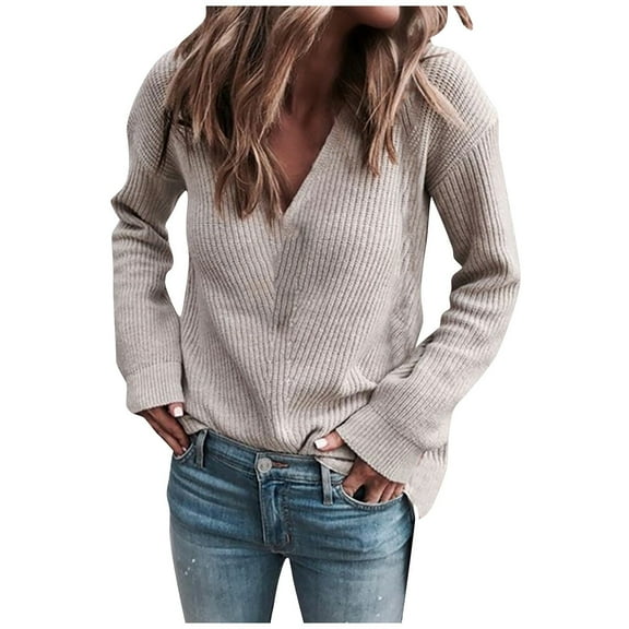 NAMTYQX Sweaters for Women Long Sleeve Womens Pullover Sweaters Vneck Knitted Solid Color Casual Warm Loose Fitting Khaki Size M