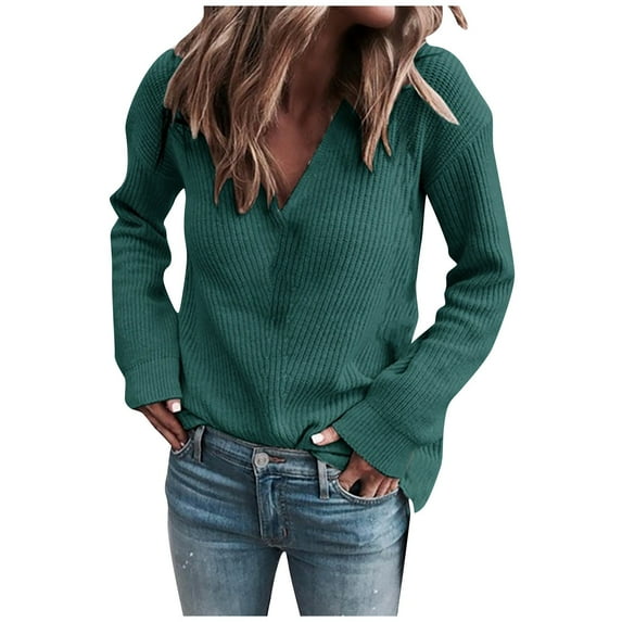 NAMTYQX Sweaters for Women Trendy Casual Womens Pullover Sweaters V Neck Loose Warm Solid Color Long Sleeve Knit Green Size S