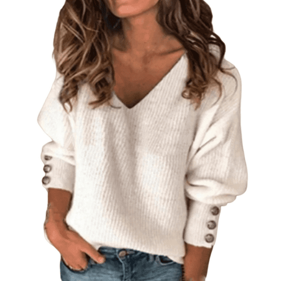 NAMTYQX Sweaters for Women Trendy Knit Loose Fitting Casual Long Sleeve Womens Pullover Sweaters V Neck Warm Solid White Size 5XL