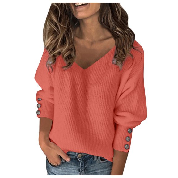 NAMTYQX Sweaters for Women Trendy Solid Color Long Sleeve Lounge Loose V Neck Warm Womens Pullover Sweaters Jersey Vermilion Size 4XL