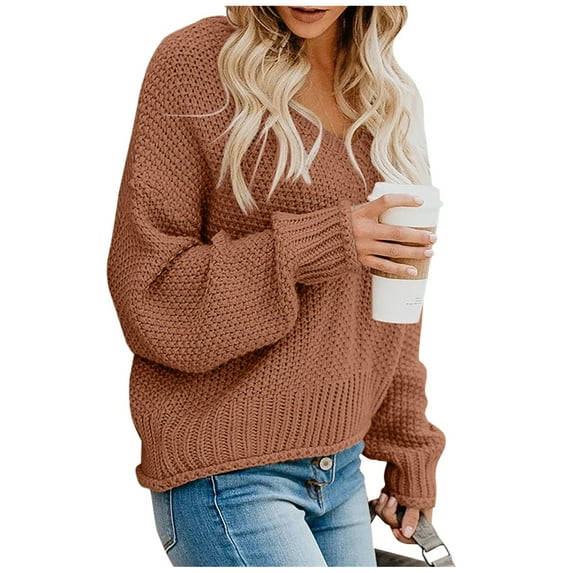 NAMTYQX Sweaters for Women Trendy V Neck Warm Trendy Solid Color Long Sleeve Relaxed Fit Knit Womens Pullover Sweaters Brown Size L