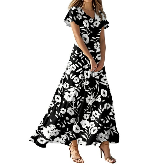 NAMTYQX T Shirt Dresses for Women 2025 Short Sleeve High Waist V Neck Floral Summer Wedding Guest Dress Black Size XS