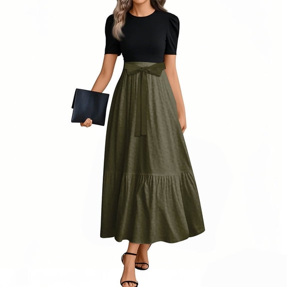NAMTYQX T Shirt Dresses for Women 2025 V Neck Short Sleeve Chiffon Floral Summer Wedding Guest Dress Army Green Size 2XL